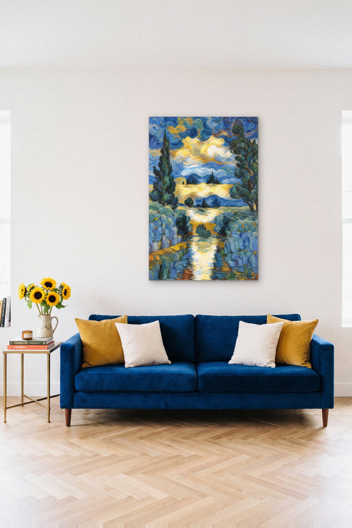 Alhena hidden memory canvas above a navy velvet sofa with sunflowers