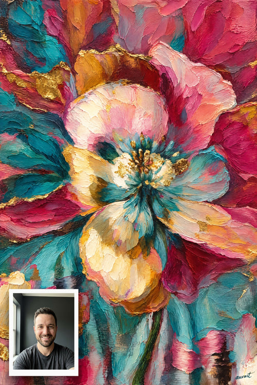 Alya hidden memory artwork with the original photo it was made from: a man's portrait
