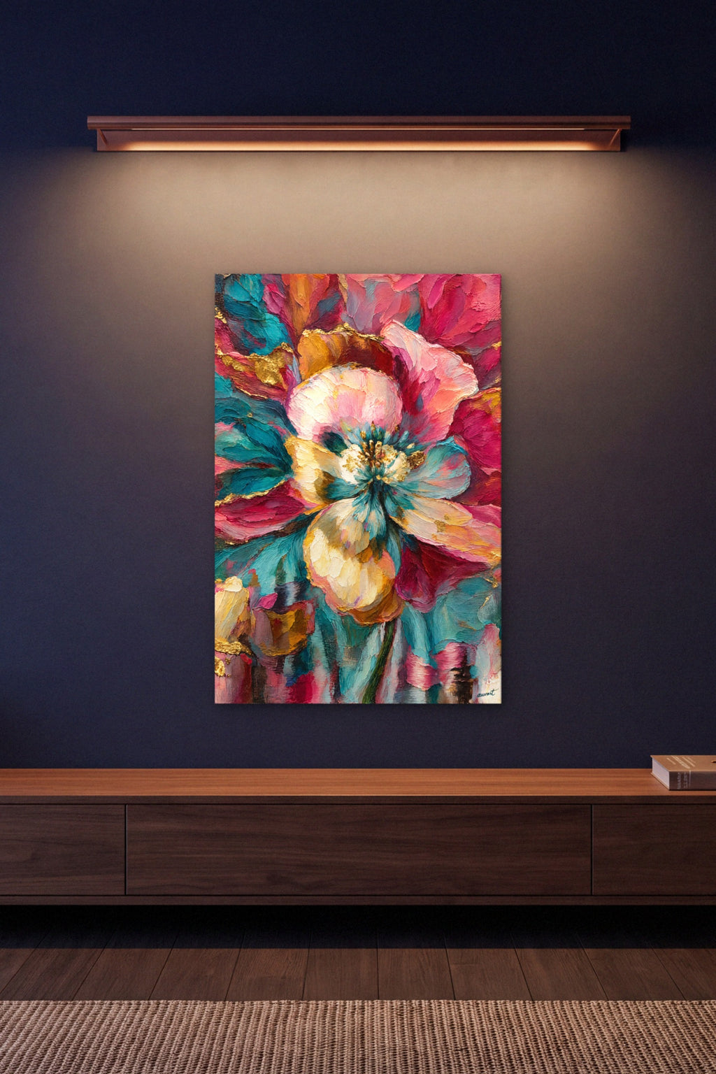 Alya hidden memory canvas under a copper picture light above a low console