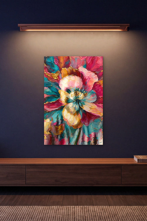 Alya hidden memory canvas under a copper picture light above a low console