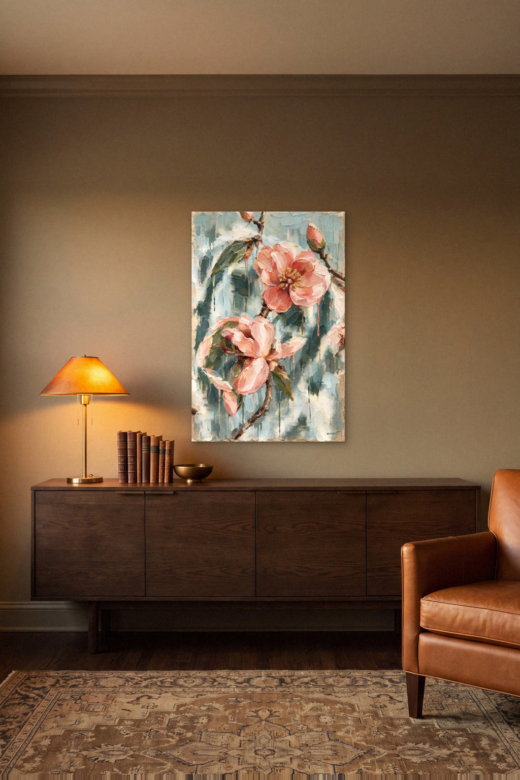 Arcturus hidden memory canvas above a dark oak console with a brass lamp in a warm study