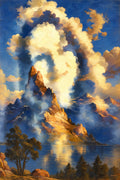 Bespoke Auvart commission example: towering golden clouds over a mountain lake, a hidden portrait revealed from a distance