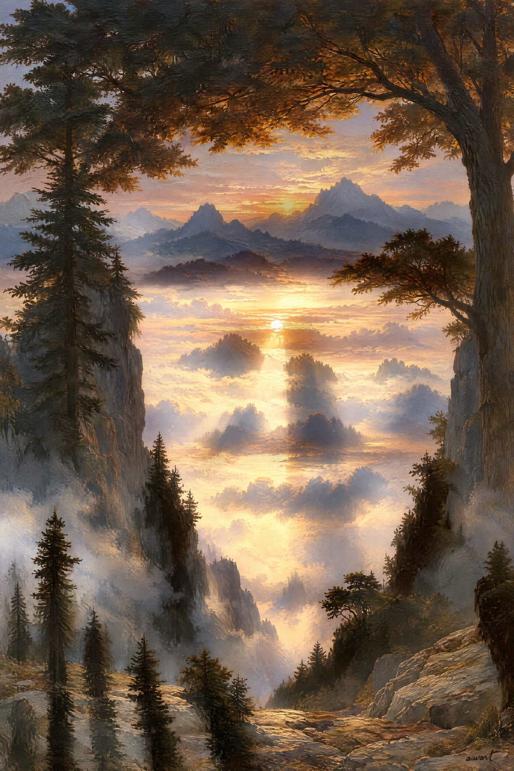 Bespoke example: a sea of fog over mountain ridges at sunrise with a hidden portrait