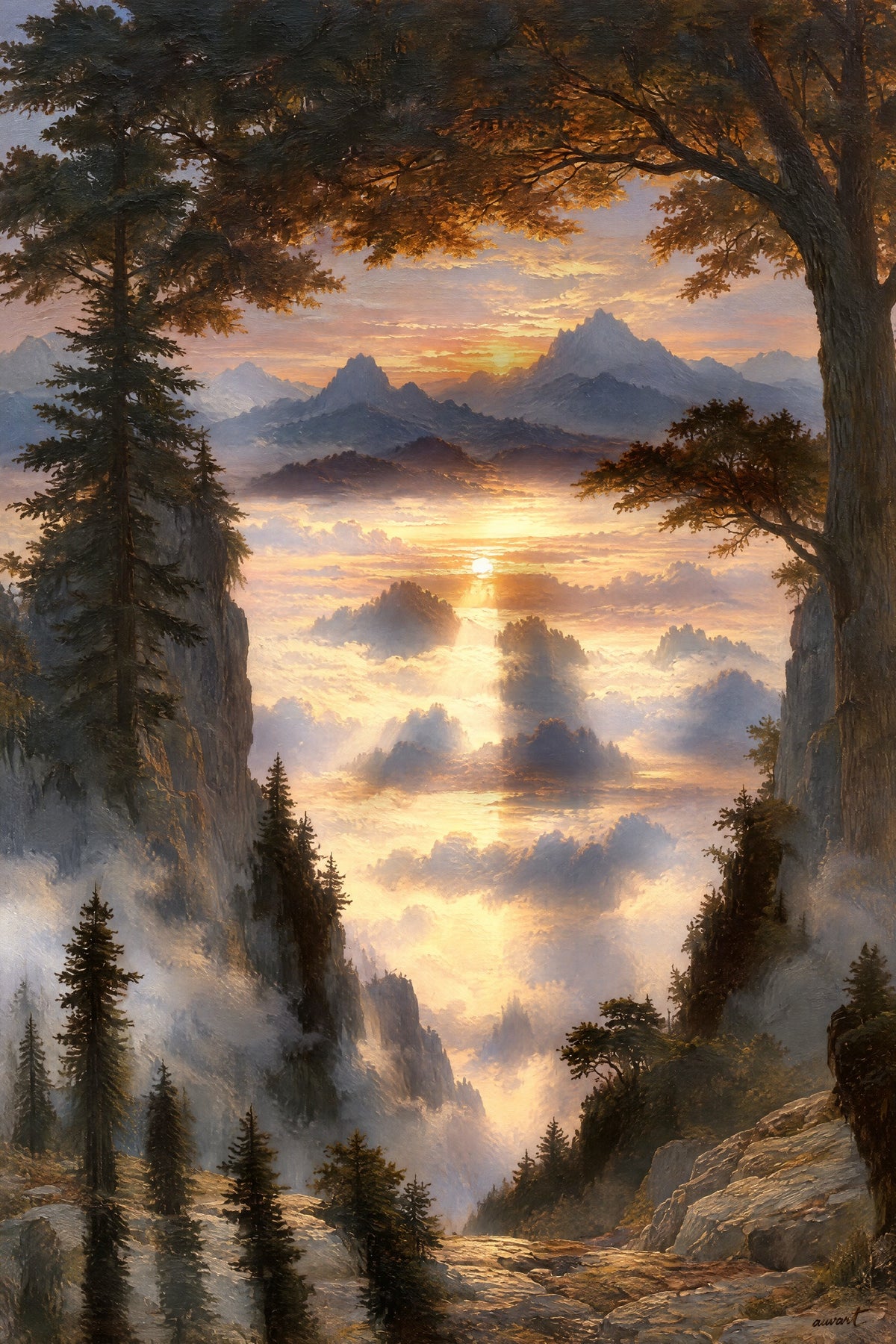 Bespoke example: a sea of fog over mountain ridges at sunrise with a hidden portrait