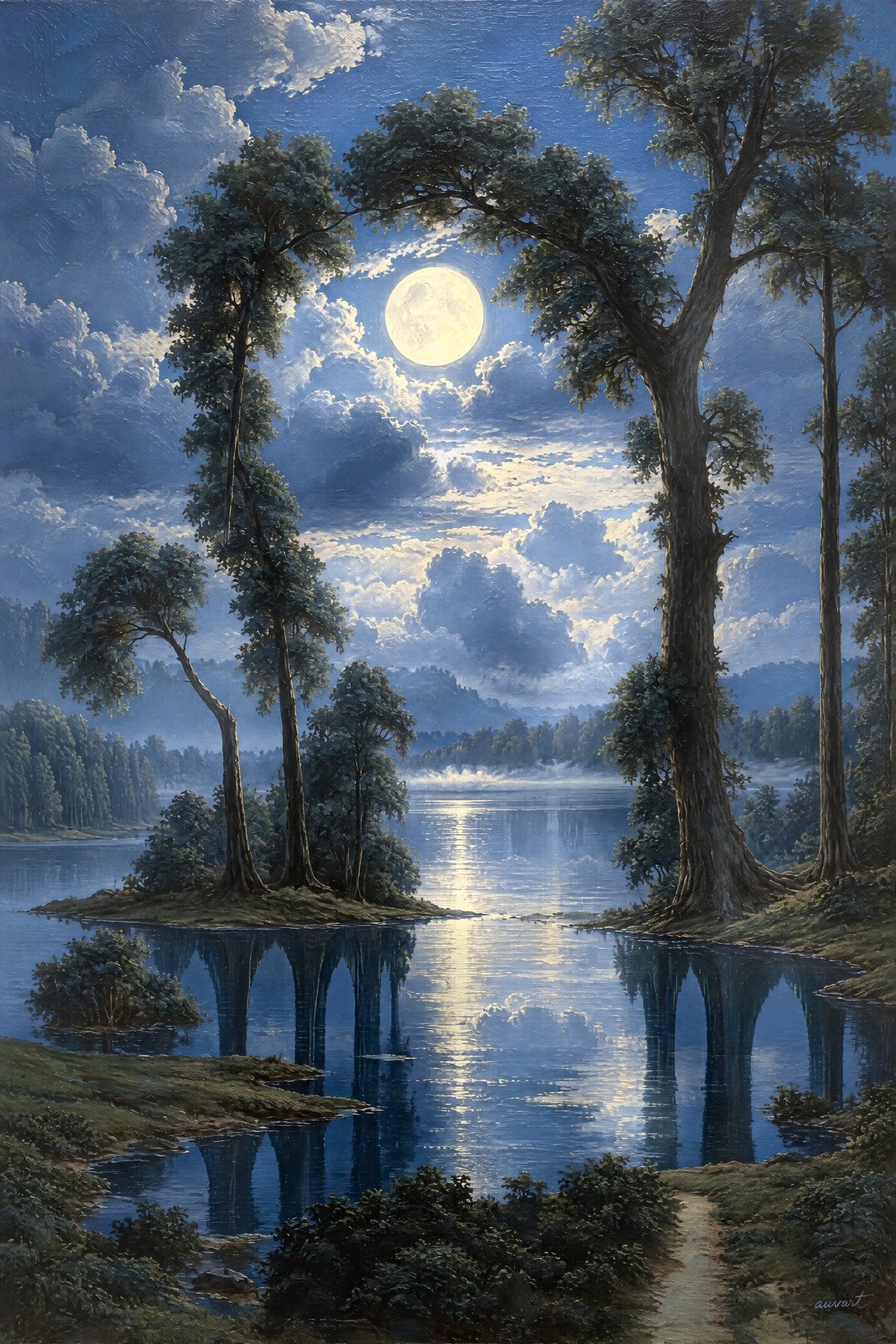 Bespoke example: a moonlit lake framed by tall trees with a hidden portrait