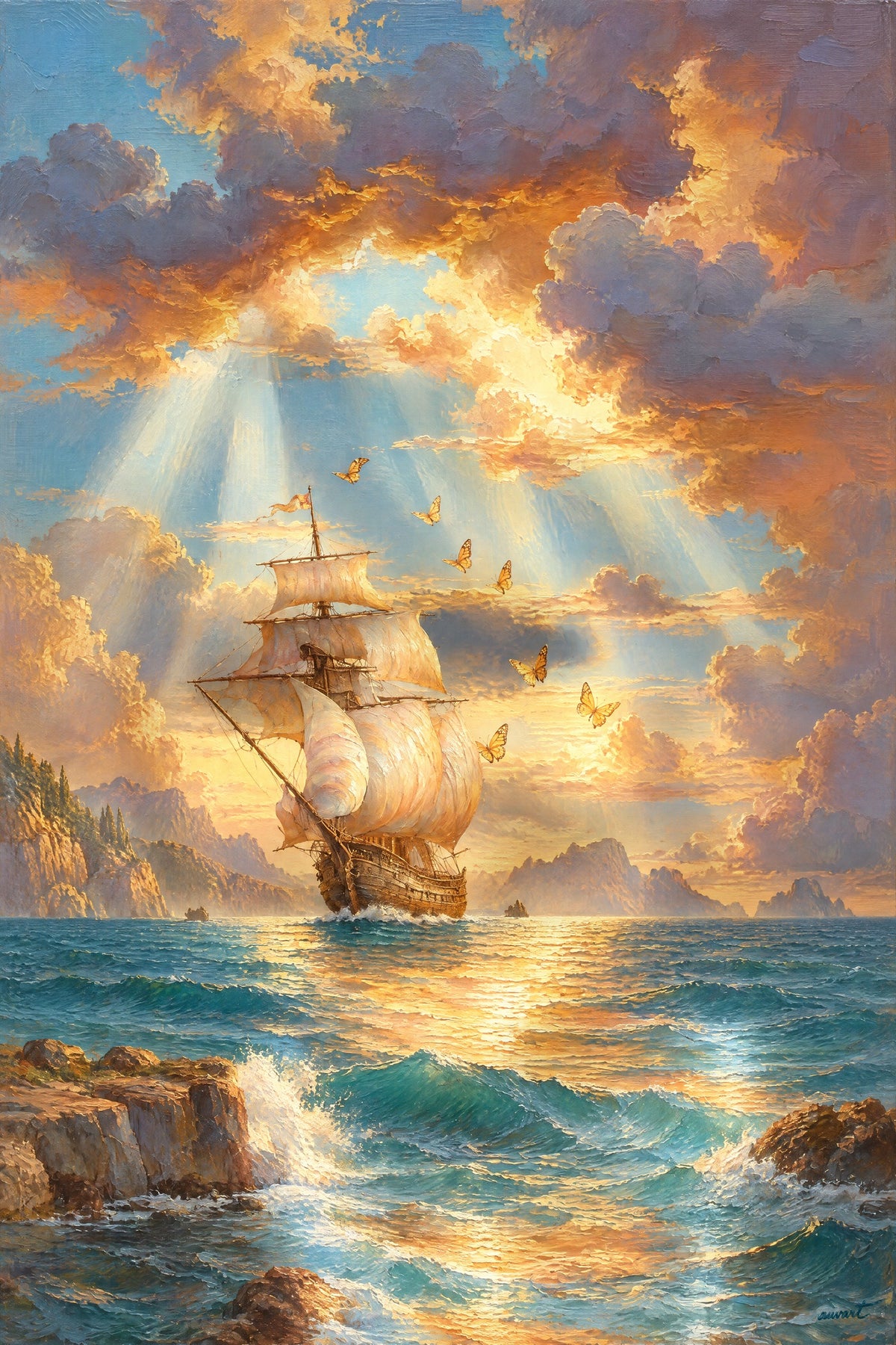Bespoke example: a sailing ship beneath glowing sunset clouds with a hidden portrait