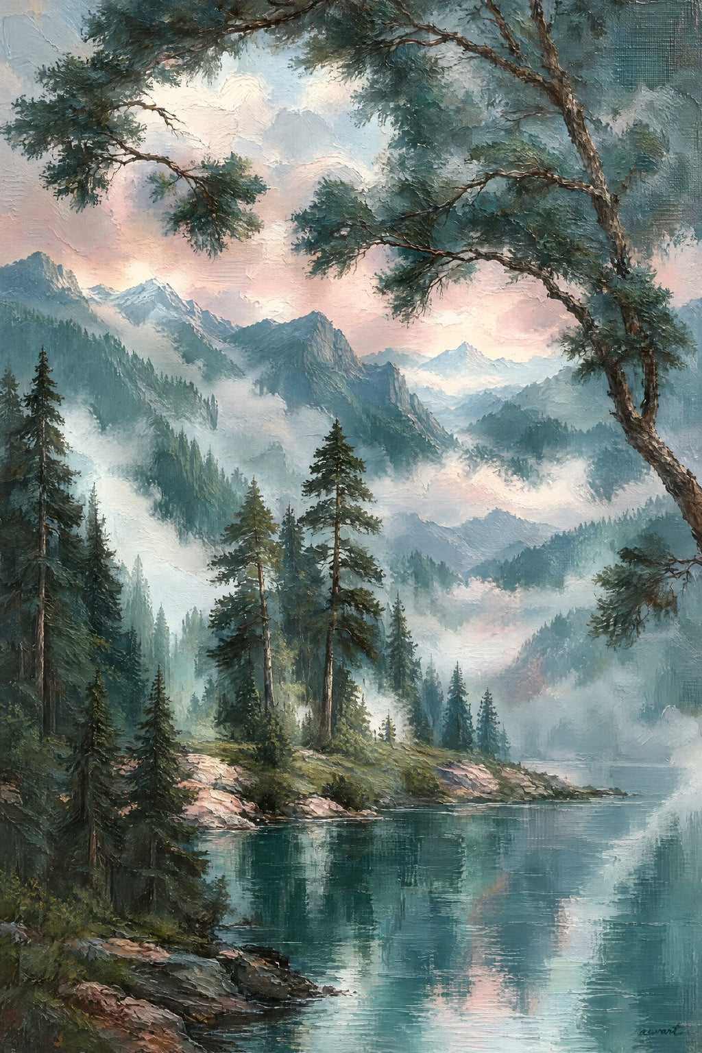 Bespoke example: a misty teal mountain lake with pines, a hidden wedding portrait