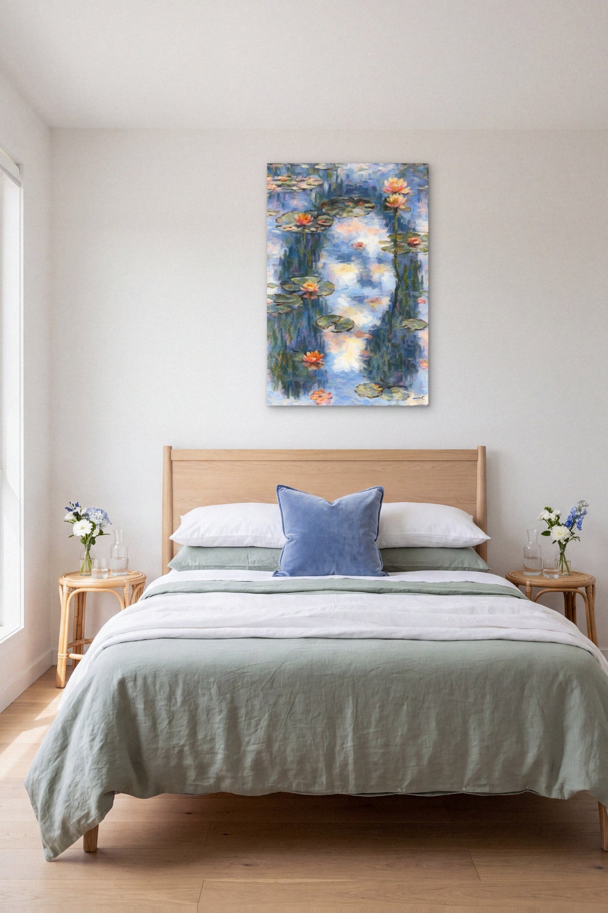 Chara hidden memory canvas above a linen bed in a bright bedroom