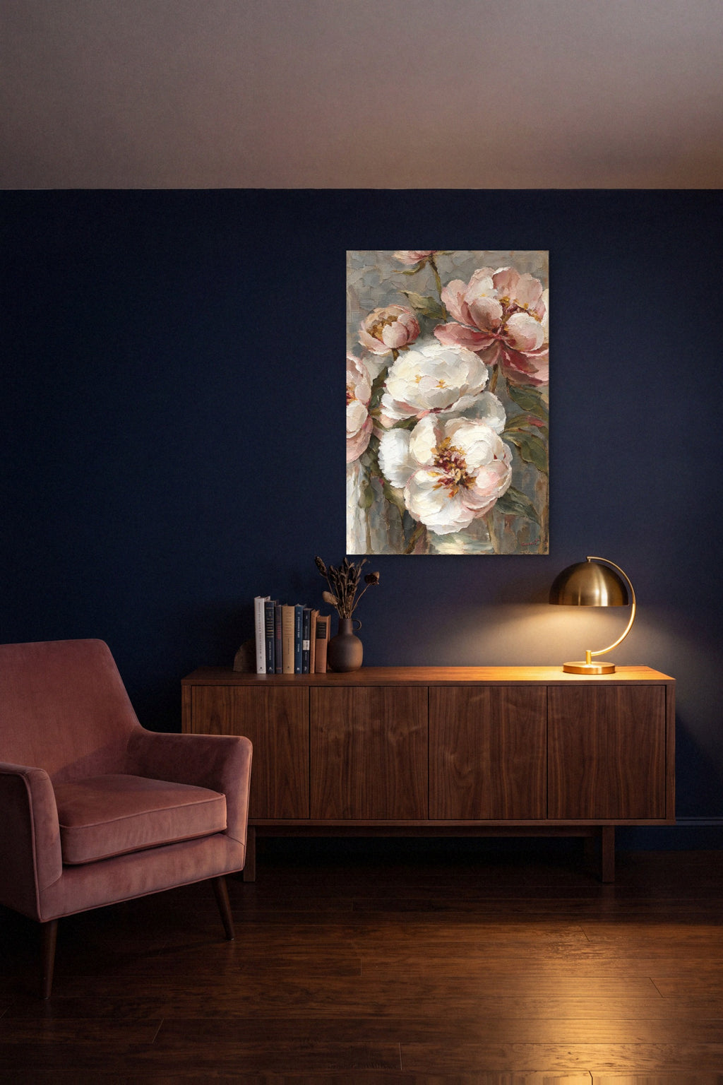 Deneb hidden memory canvas on a deep navy wall above a walnut credenza