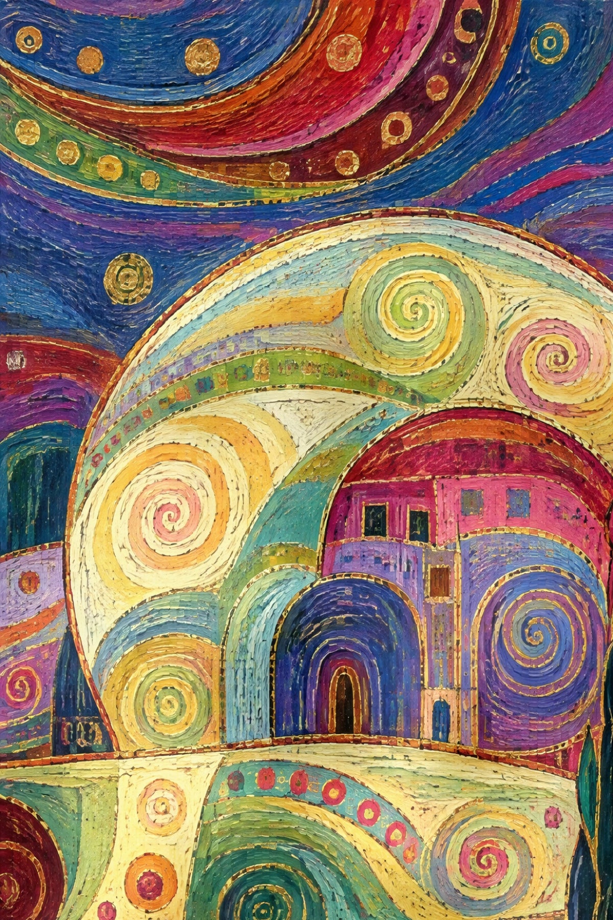 Close-up of the Electric Mirage spirals and layered brushwork