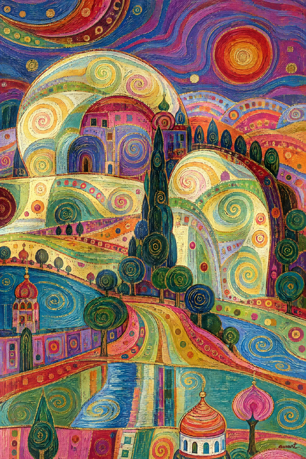 Electric Mirage hidden memory artwork: spiraling jewel-colored hills, onion domes and winding rivers in a joyful visionary oil painting