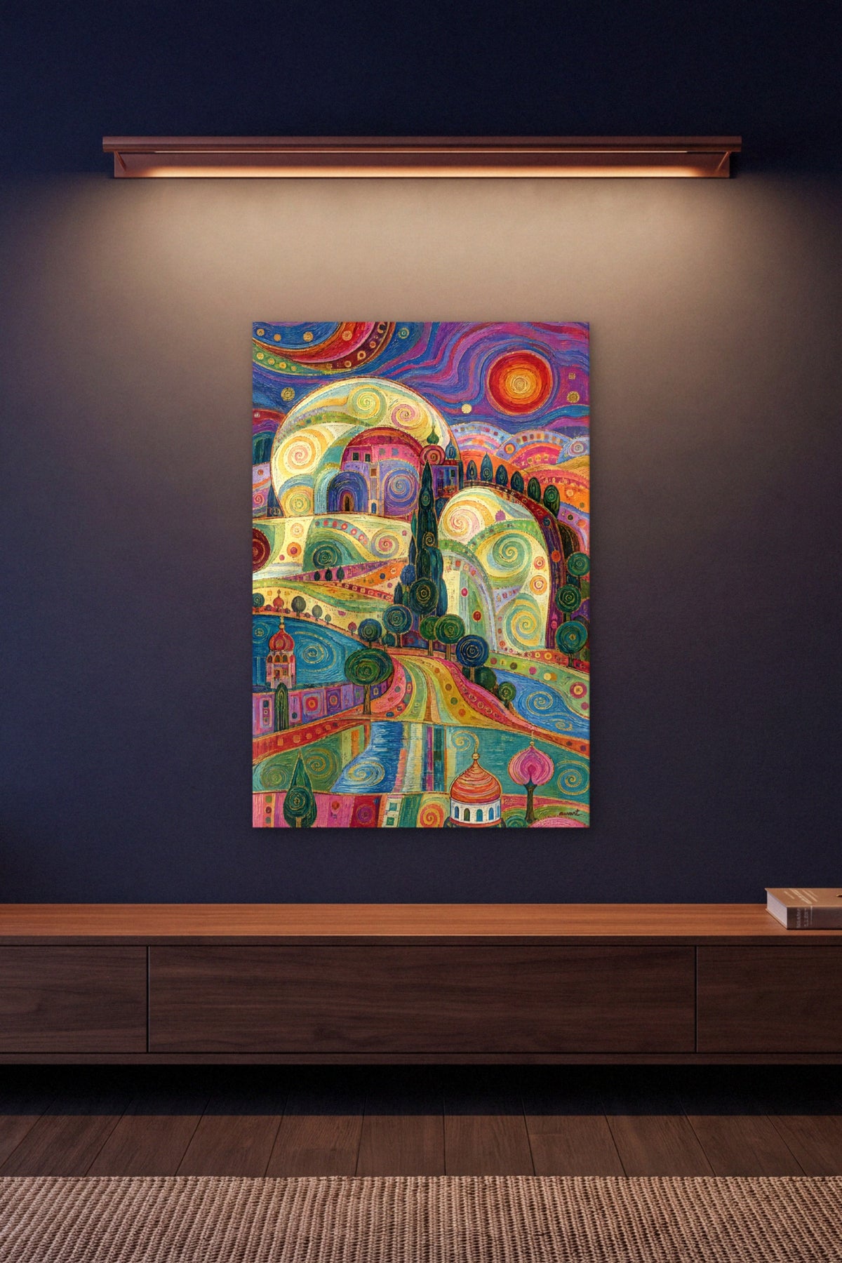 Electric Mirage hidden memory canvas under a copper picture light on a midnight navy wall