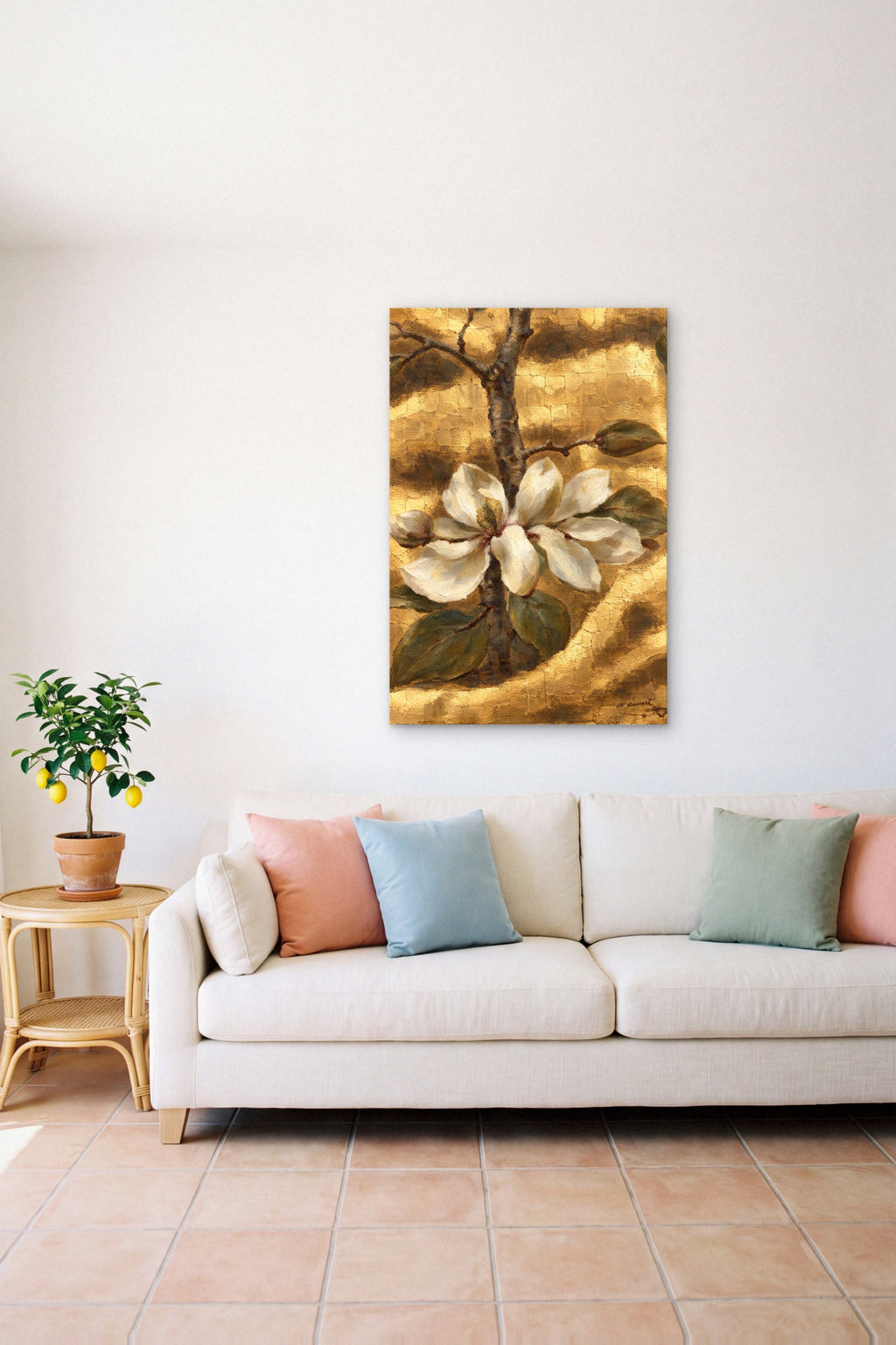 Izar hidden memory canvas above an ivory sofa beside a small lemon tree