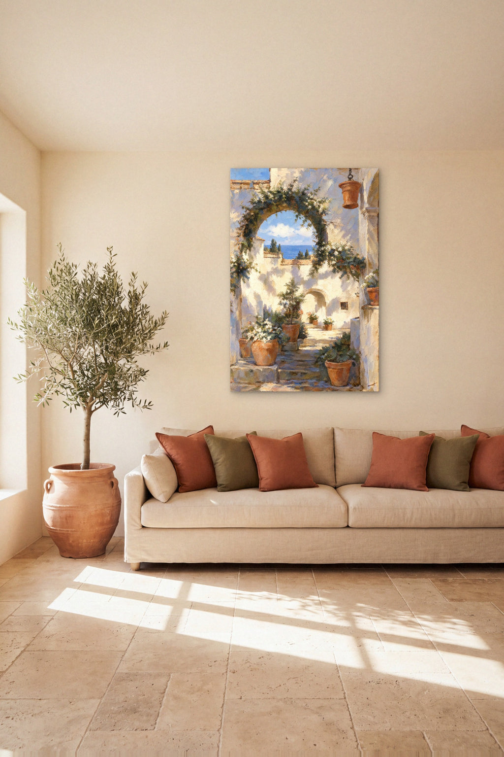 Mira hidden memory canvas above an oatmeal linen sofa beside an olive tree