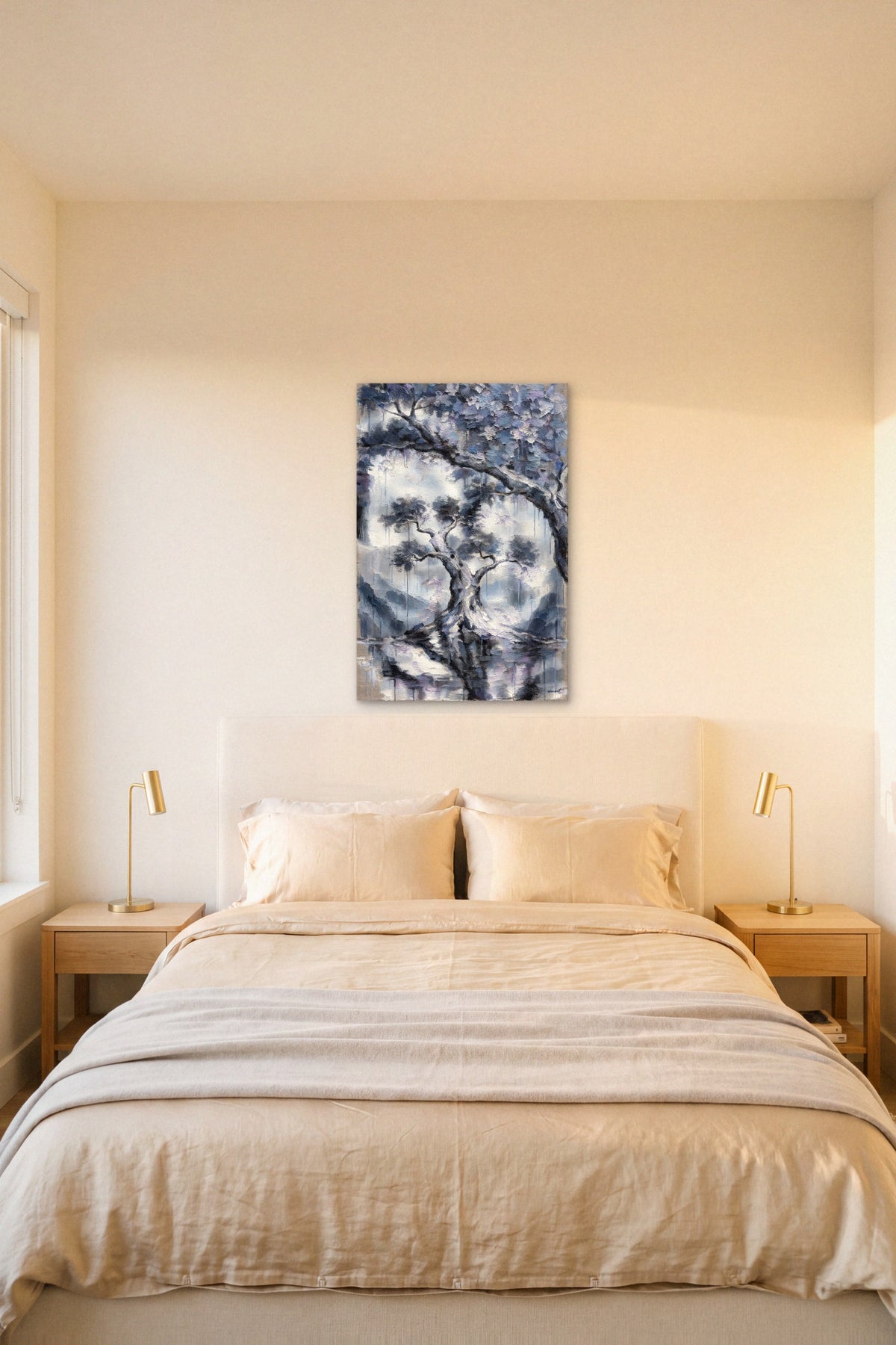Nihal hidden memory canvas above a cream bed between brass sconces