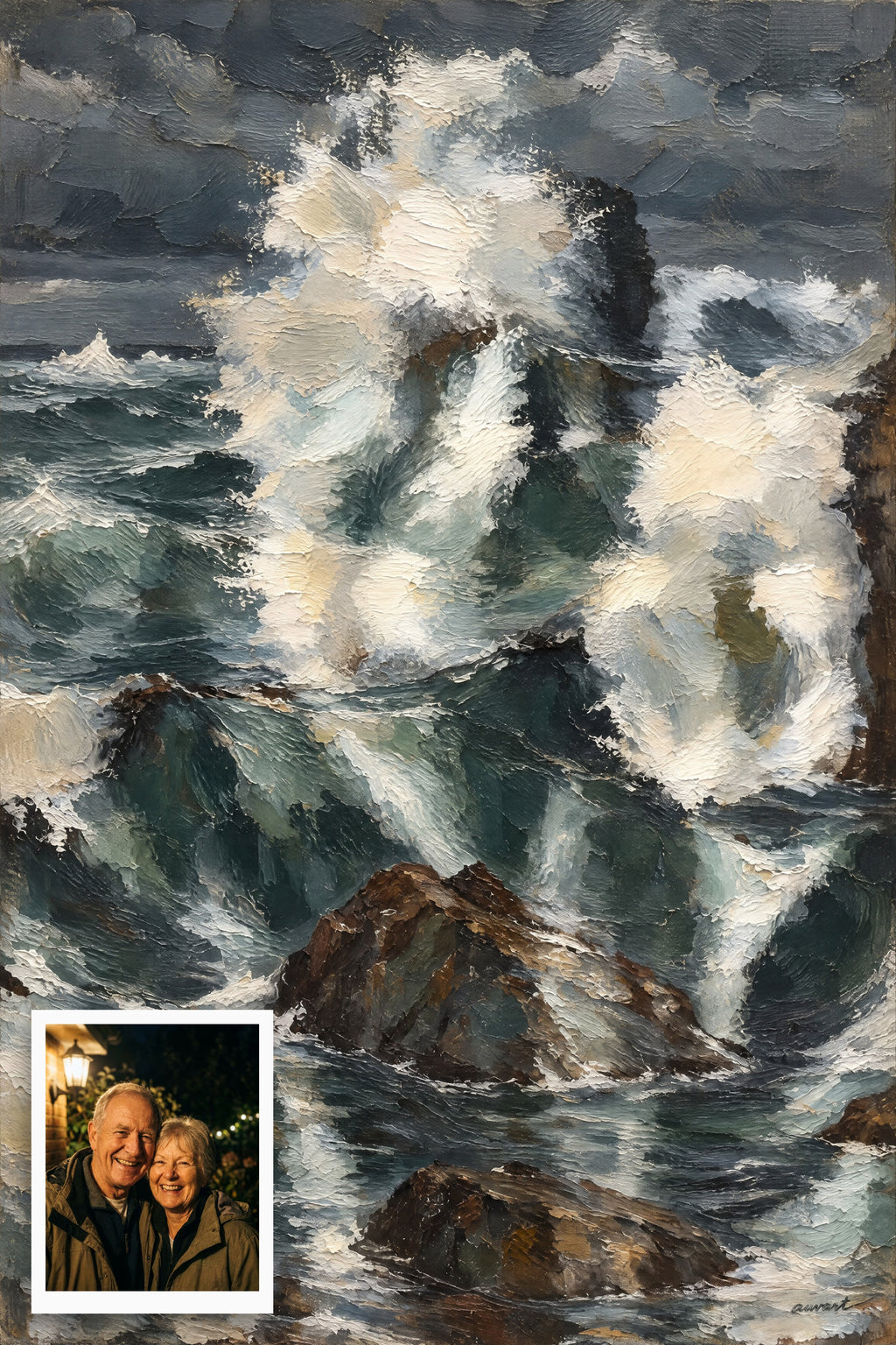 Rigel hidden memory artwork with the original photo it was made from: an older couple