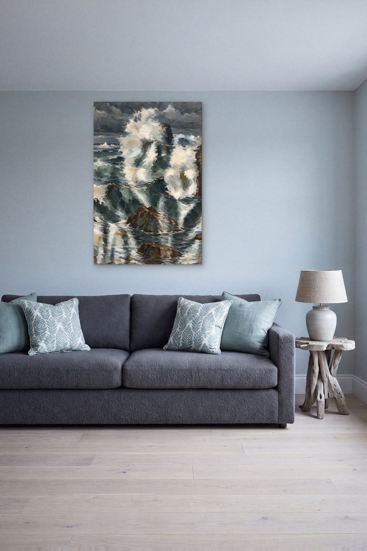 Rigel hidden memory canvas above a grey sofa in a calm living room
