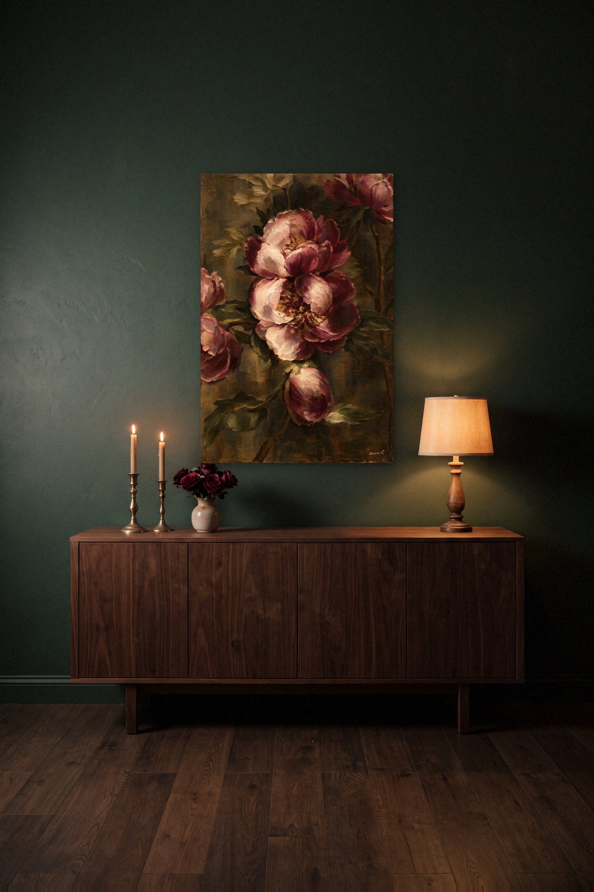 Sargas hidden memory canvas above a walnut sideboard between brass candlesticks and a lamp